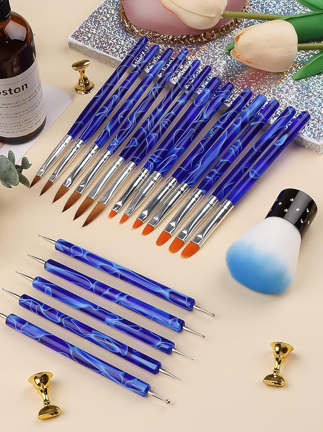 TOROKOM 19Pcs Nail Art Brushes Acrylic Brushes for Nails Art Application Set with Nail Polish Brushes, Nail Design Brushes, Double Ended Dotting Tools, Nail Dust Brush