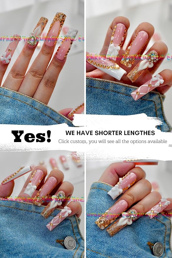 10PCS Nude Pink Press On Nails – Long Coffin Fake Nails with Rhinestone Borders, 3D Flowers & Bow Charms, Glossy Reusable Luxury Bridal Nails for Women and Girls – Euphrosyne