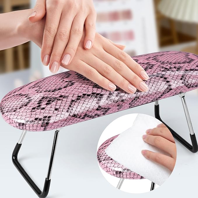krofaue Nail Arm Rest - Professional Nail Hand Rest Stand Foldable PU Leather High-Density Sponge Nail Arm Rest for Nail Tech with Non-Slip Stable Reduces Hand Fatigue Fit for Manicure Salon Use Pink