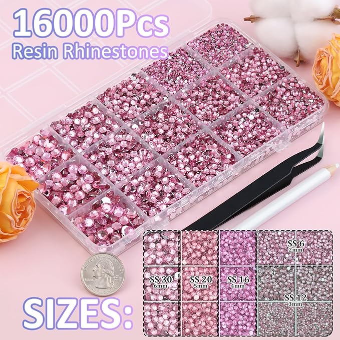 16000Pcs Resin Rhinestones with Tweezers for Crafting, Dark Pink 2-6mm Mixed Sizes Bedazzling Crystal with 3Pcs 10ml B7000 Jewelry Glue for DIY Crafts Clothing Tumblers Shoes Fabric Nail Art
