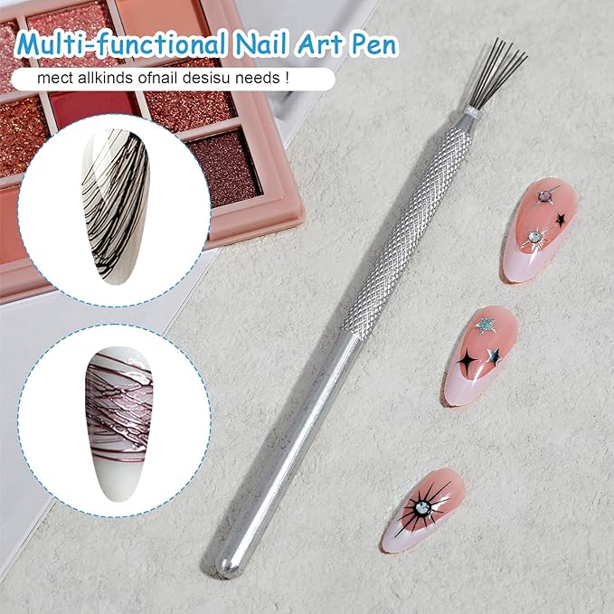 4 Pcs 7 Pin Nail Liner Art Brush, Stainless Steel Stripe Lines Nail Art Tool Pen Ultra-fine Bendable Pin Nail Manicure Tool Modeling Brush for Nail Gel Art Line Drawing Painting