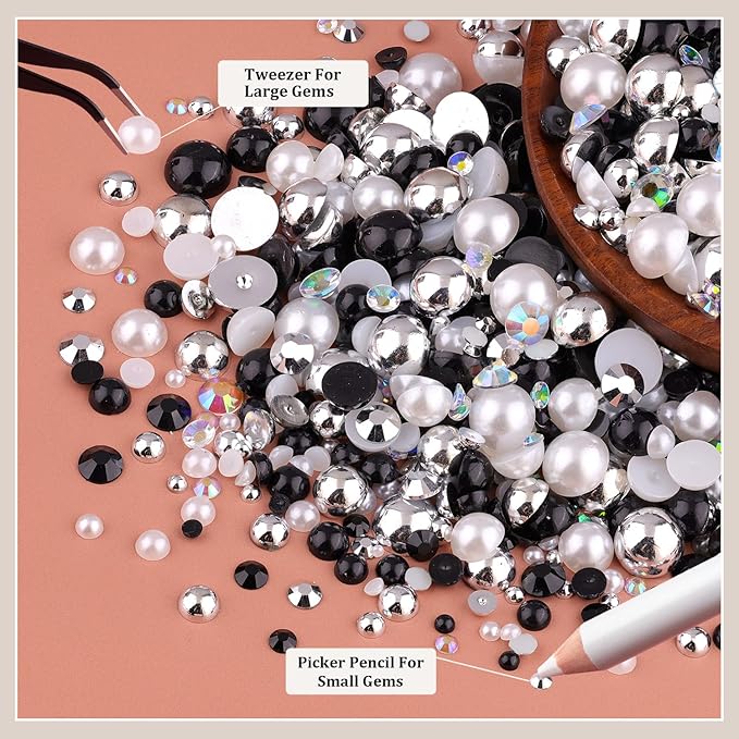 80g Flatback Pearls and Rhinestones for Crafting, Black White 3-10mm Resin Rhinestones and Half Pearls for Bedazzling, Nail Art and Dec with 3pcs 10ml B7000 Jewelry Glue, Tweezer and Pickup Pencil