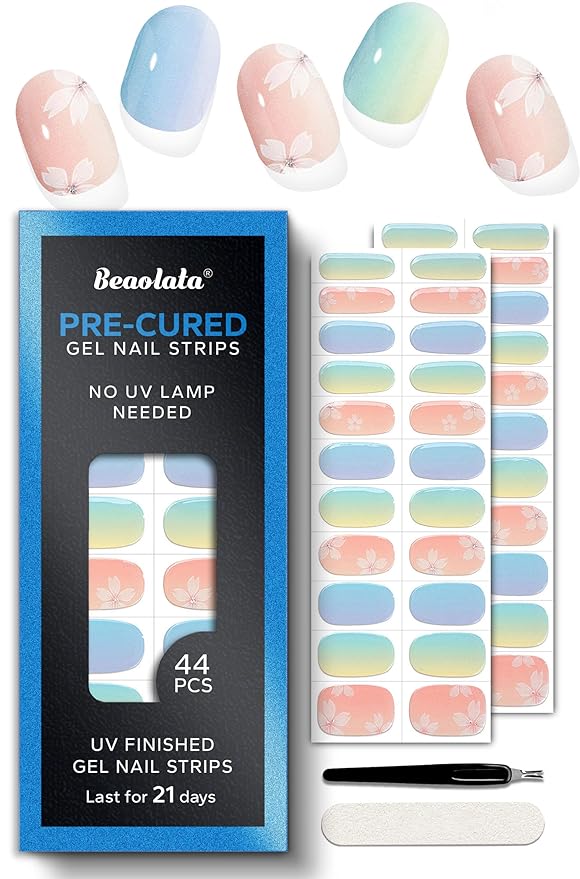 Pre Cured Gel Nail Strips - 44PCS Salon Quality Gel Nail Stickers - Long Lasting Polish Wraps for Women no UV Light Needed Easy Apply & Remove (Sorbet Blue
