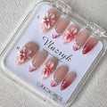 Flower Press on Nails Medium Almond - 3D Water Ripple Pearl False Nails with Floral Embossed French Tip ，Luxury Handmade Nail Art ，Glossy Thick Acrylic Fake Nails (10PCS)