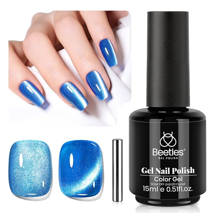 Beetles Blue Cat Eye Gel Polish, 15ML Cat Eye Glitter Gel Polish with Magnet Soak Off UV Shimmer Velvet Gel Stellar Blue Series French Nail Art Manicure Gifts for Women