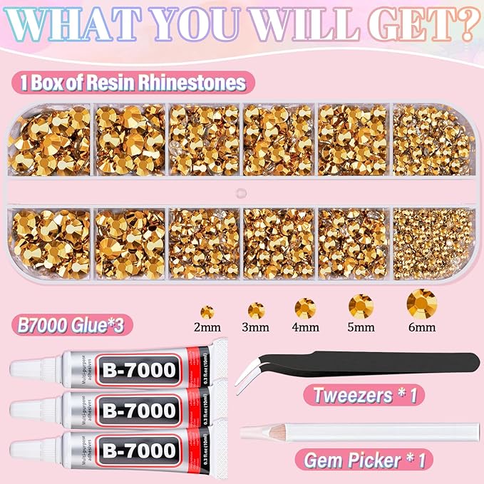 Resin Rhinestones for Crafting with 3Pcs 10ml B7000 Jewelry Glue, 1 Box Gold Flatback Gems Crystals Diamond for Bedazzling Crafts DIY Nail Art Makeup, Gems for Clothing Tumblers Shoes