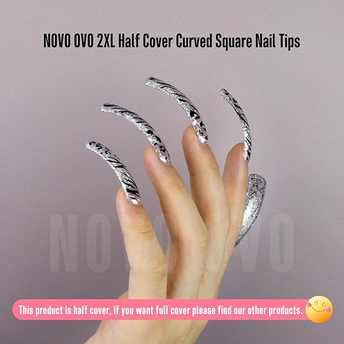 NOVO OVO Half Cover XXL Curved Nail Tips, Square Shallow Paste Soft Gel x Long L XL XXXL Hawk Curve Claw 90s' Y2K Fake Nails Extension kit, Clear Soft French False Nail for Acrylic 12 Sizes 240pc