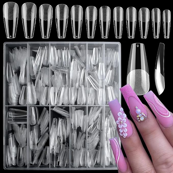 LoveOurHome 600pc Long Coffin Fake Nail Tips Clear Press on Nails Coffin False Nails Full Cover Soft Gel Nail Tips Long Acrylic Nail Artificial Fingernail for Salon & Home Gel Nail Extension