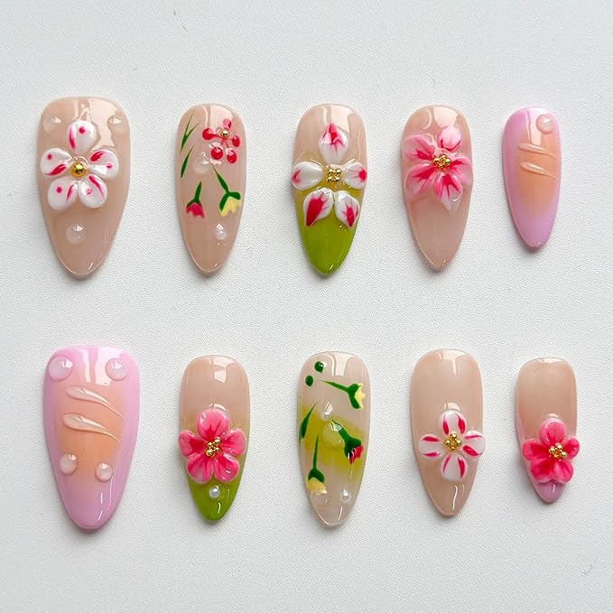 Luxury Press on Nails Medium Almond Handmade 3D Unique Reusable ABS Material Fake Nails French Tip False Nails with Designs Pink Flower Water Ripple Glossy Glue on Nail Thick Acrylic Nail(M)