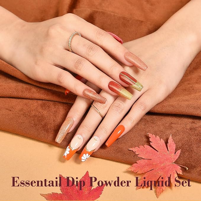 AZUREBEAUTY Dip Powder Nail Kit Starter, Orange Brown Glitter, 4 Fall Pumpkin Maple Dark Colors Set, French Halloween Nail Art Base Top Coat Activator Essential Liquid Manicure DIY Salon