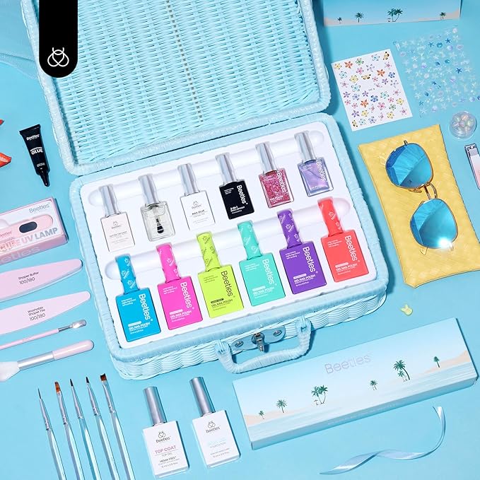 Beetles Gel Nail Polish Set with Mini LED Nail Lamp Purple Red Green Yellow Gel Polish with Base Top Coat Nail Art Brushes Salon DIY Gift Basket for Women