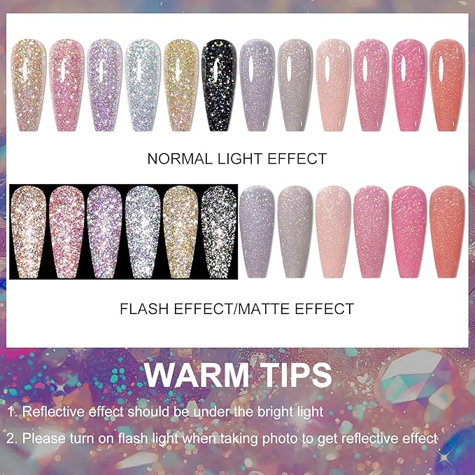 MTSSII Reflective Glitter Gel Polish Gold Silver Pink Glitter Sparkly Shiny Disco DJ LED Gel Nail Polish Nail Varnish 12PCS 7ml