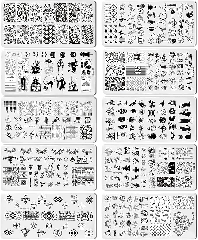Biutee Nail Stamper Kit with Clear Stamper and Scraper, 10 Nail Stamping Plates and 8 Gel Stamping Polishes, UV Cure Required, Floral Animal Leaves French Nail Art Set for Beginners