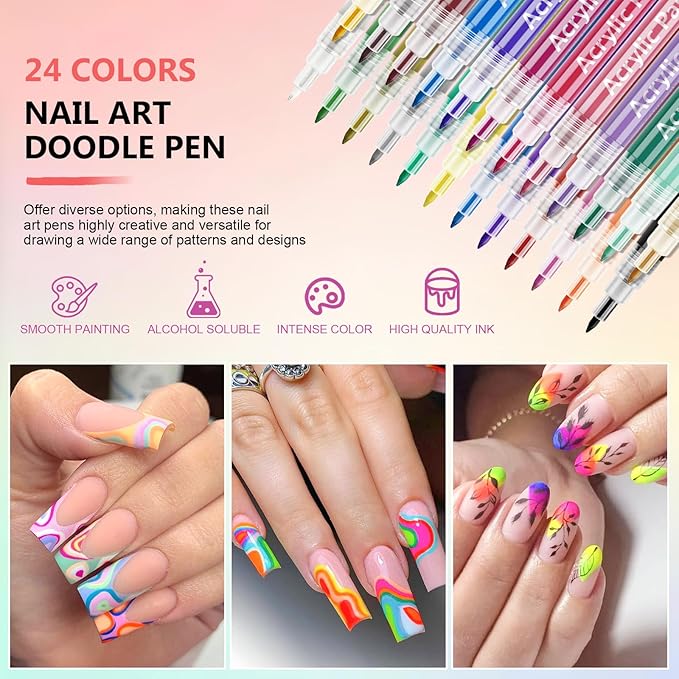 24 Colors Nail Art Pens Set, 3D Nail Polish Pens Quick-Drying Acrylic Paint Markers,For Nail Art Drawing Painting Nail Point Dotting Liner Pen, Nail Design Kit Manicure Tools Home & Salon DIY