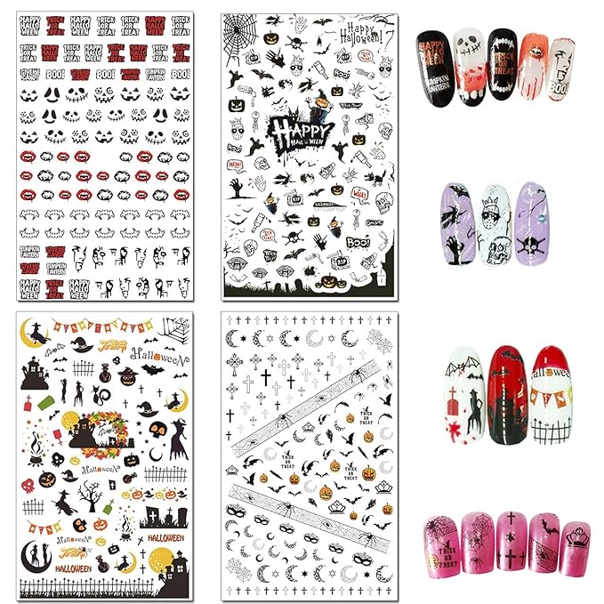 TailaiMei 1500 Pcs Halloween Nail Decals Stickers, 12 Sheets Self-Adhesive DIY Nail Art Tips Stencil for Halloween Party, Include Pumpkin/Bat/Ghost/Witch etc