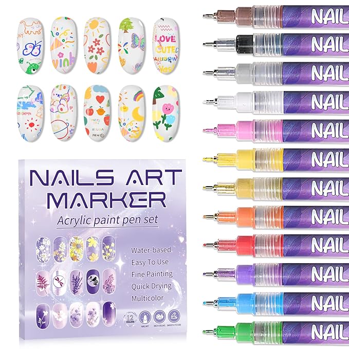 12 Colors Nail Art Pens Set, Nail Art Markers Polish Pens for Nail Art Quick Drying 3D Acrylic Paint Markers for Painting Dotting Liner Pen Nail Salon DIY Design Kit(0.5mm)