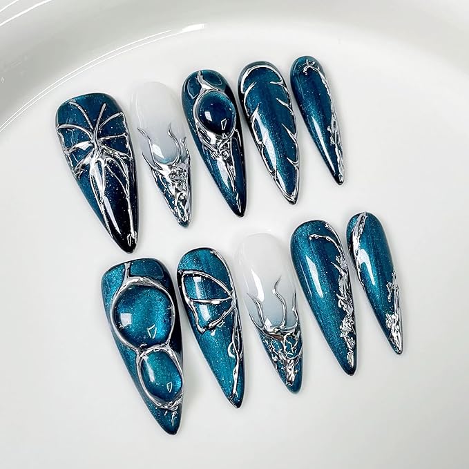 Handmade Long Press on Nails - blue Cat's Eye Full Cover Fake Nails Glossy Almond False Nails with Embossed Swirl Design Acrylic Nails P ress ons Luxury Reusable Stick on Nail for Women 10Pcs(Size M)