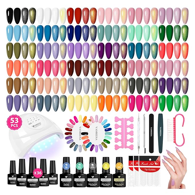 VANREESA Gel Nail Polish Kit with U V Light 53 Pcs Gel Polish Nail Set 36 Classic Colors Nail Polish Set + Base and 4 Effects Top Coat with Manicure Tools Complete Nail Kit Gifts for Women Girls