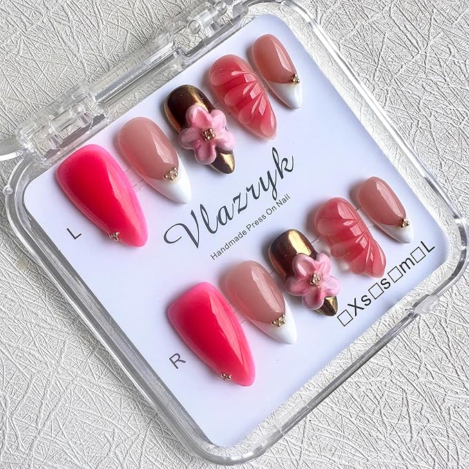 Luxury Almond Press-On Nails, 3D Flower French Tip Handmade Make Press On Nails, Gold and pink mix Design Reusable, Thick Acrylic Glossy False Nails for Women （10PCS)