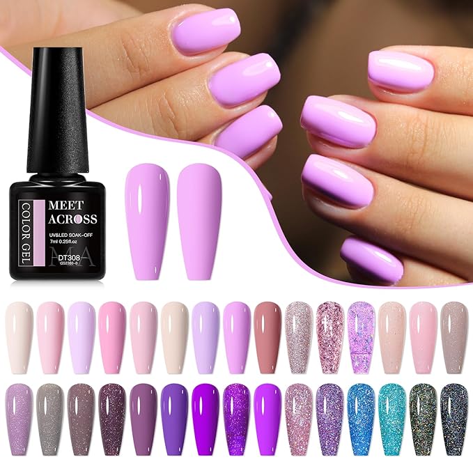 MEET ACROSS 30 Colors Pink Purple Gel Nail Polish Set, Nude Light Pink Purple Shimmer Glitter Brown Gel Polish Kit Soak off Uv Nail Art Gifts for Women