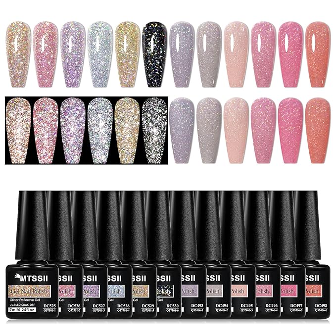 MTSSII Reflective Glitter Gel Polish Gold Silver Pink Glitter Sparkly Shiny Disco DJ LED Gel Nail Polish Nail Varnish 12PCS 7ml