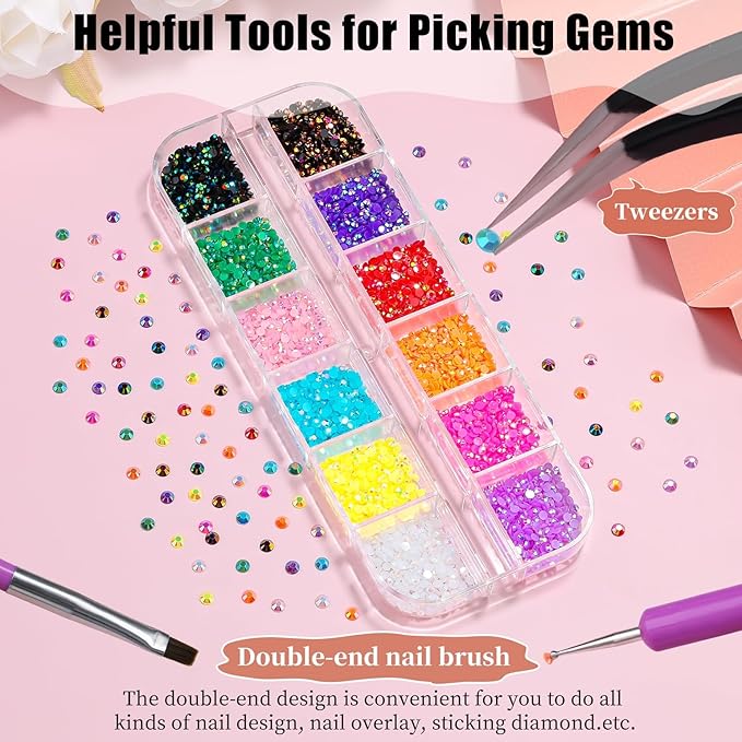 3D Mini Small Metal Stainless Steel Caviar Nail Beads Balls, 0.8-3mm Gold Silver Alloy Nail Art Chain Charms Studs with Tweezers and Dual-end Brush (8-K1-2mm-jelly)