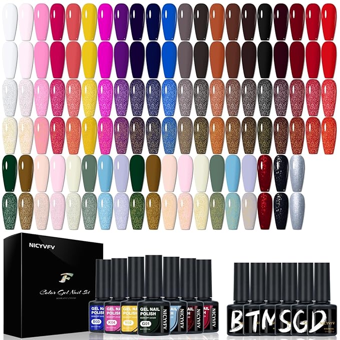 38 PCS Gel Nail Set, 32 Colors Gel Polish Set Red Blue Green Purple Pastel Brown Shades, with Gold Silver Glitter and Glossy Matte Top Coat, Base Coat Builder gel, for Women Gift Kit