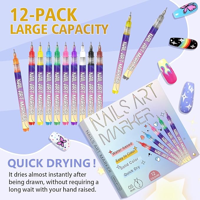 12 Colors Nail Art Pens Set, Nail Art Markers for Gel Nails, 2026 DIY Nail-Art Marker Drawing Painting Liner Pen, 0.5 MM Nail Polish Pens Set, Nails Doodle Pens,Quickly Dry Nail-Art DIY Decoration