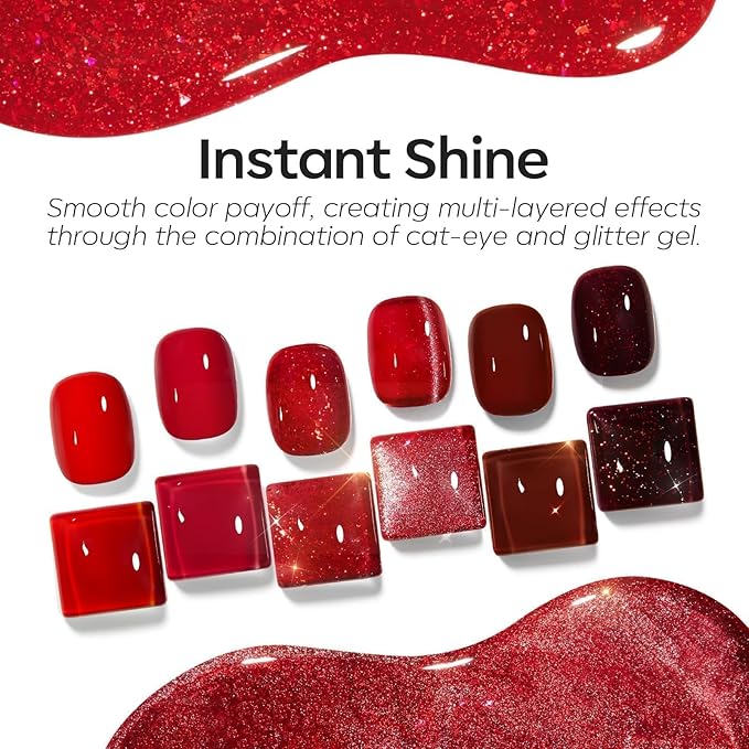 modelones Red Gel Nail Polish Set 6 Colors Burgundy Cherry Dark Red Cat Eye Glitter Color Changing 2026 Spring Hema&TPO Free Gel Polish Kit with Magnet Soak Off Nail Art DIY Gifts