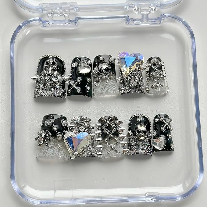 Halloween Luxury Press on Nails Short Duck Handmade 3D Unique Reusable ABS Material Fake Nails Black False Nails with Designs Rhinestones Spider Skull Glossy Glue on Nail Thick Acrylic Nail(S)
