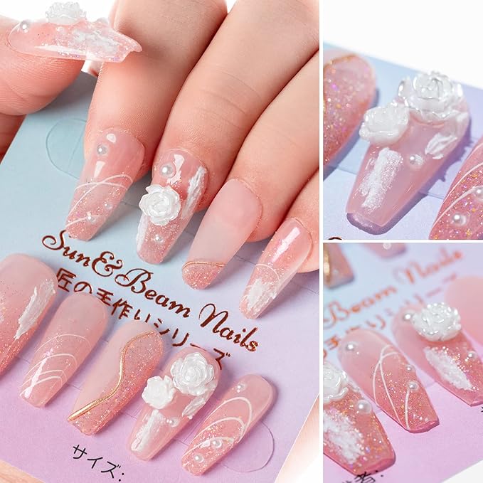 Sun&Beam Nails Handmade Press on Fake Nails Medium Long Nail Tips Popular Design Ballerina Pink 3D Flower Cute Pearl with Storage Box 10 Pcs (#002 L)