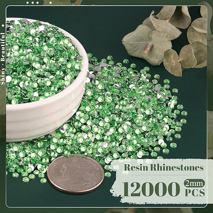 12000PCS 2mm Resin Rhinestones Bulk for Crafting (Light Green), Flatback Bedazzling Crystals for Crafts DIY Nail Decoration, Gems Charms for Tumbler Shoes Clothing Fabric with Pickup Pen and Tweezers