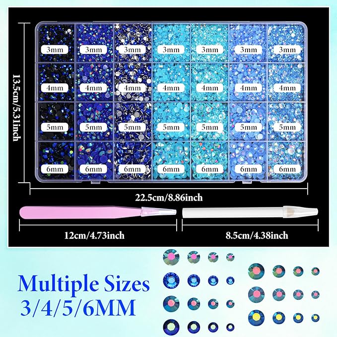 22300Pcs Blue Rhinestones for Bedazzling, 3mm-6mm Flatback Jelly Bedazzling Resin Gems, Blue Gems AB Bedazzling Kit for Crafting Nails Face Makeup Crafts Tumblers