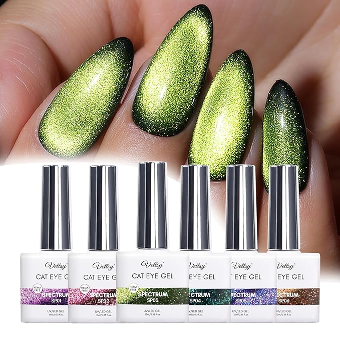 vettsy Magnetic Gel Nail Polish Set with Magnet, 6 Colors Cat Eyes Gel Polish Kit with Cat Eyes Effect for DIY Nail Art Manicure at Home (Spectrum)