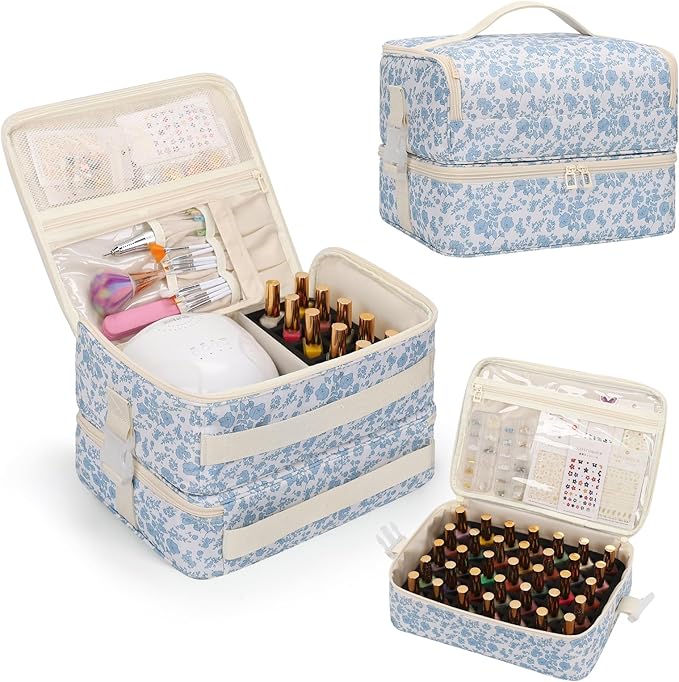 OCHEAL Nail Polish Organizer, Holds Nail Lamp and 45+ Bottles,3 Usage Modes Detachable Nail Storage Bag Travel Nail Tech Case Holds Nail Kit Stuff Manicure Tools -Floral