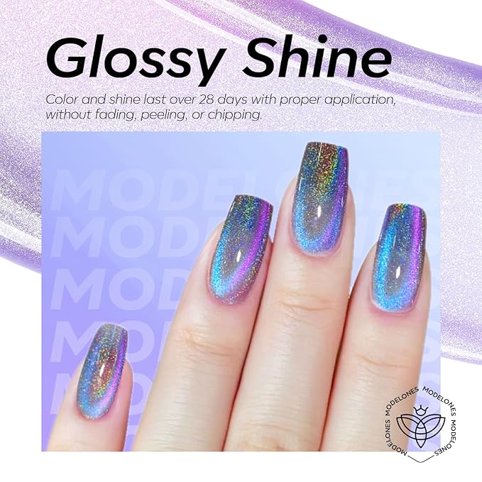 modelones 9D Magnetic Cat Eye Gel Nail Polish, Holographic Blue Purple Rainbow Shimmer, 15ML UV LED Soak Off Gel, valentine Nail Art, Manicure Design - Reflective Top Coat for Women & Girls