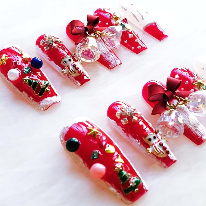Christmas Press-On Nails, Long Ballerina Shape, Red and White Design with Snowman, Bows and Snowflakes, 10 Pieces (Large, LS)