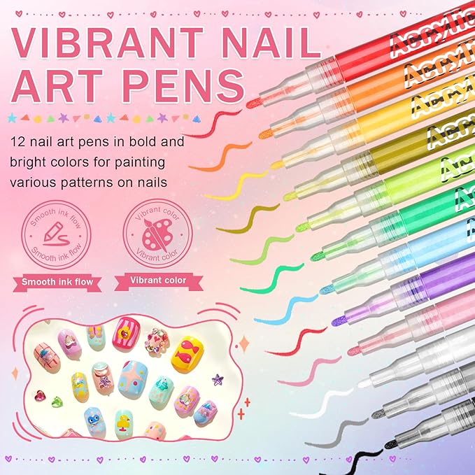 12 Colors Nail Art Pens Set, Nail Polish Pens for Nail Art Quick Drying 3D Acrylic Paint Markers for Painting Dotting Liner Pen Nail Salon DIY Design Kit