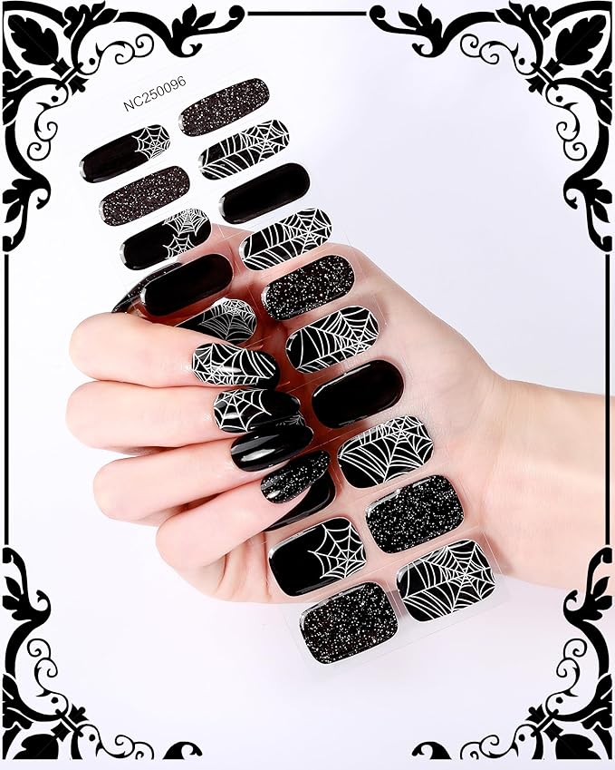 20pcs Halloween Semi Cured Gel Nail Strips - Salon Quality DIY Wraps,UV Needed