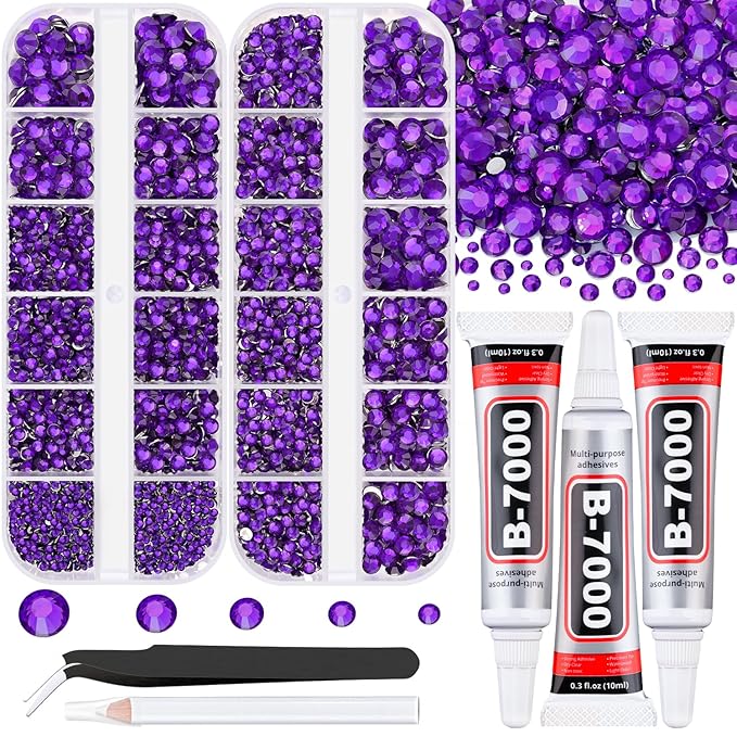 Resin Rhinestones for Crafting with B7000 Jewelry Glue, 2 Boxes Dark Violet Flatback Crystals with 3Pcs 10ml Glue for Bedazzling Crafts Nail Art Makeup, Non Hotfix Gems for Clothing Shoes