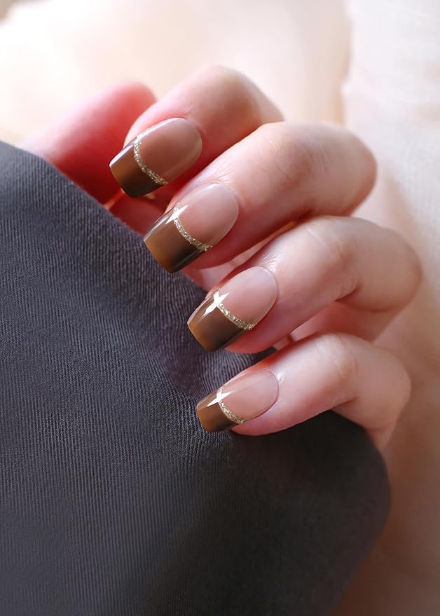 Semi Cured Gel Nail Strips, 20Pcs Long Lasting Salon Quality Wraps, Easy Apply & Remove Gel Nail Stickers with UV Light (Peachy Amber Brown)