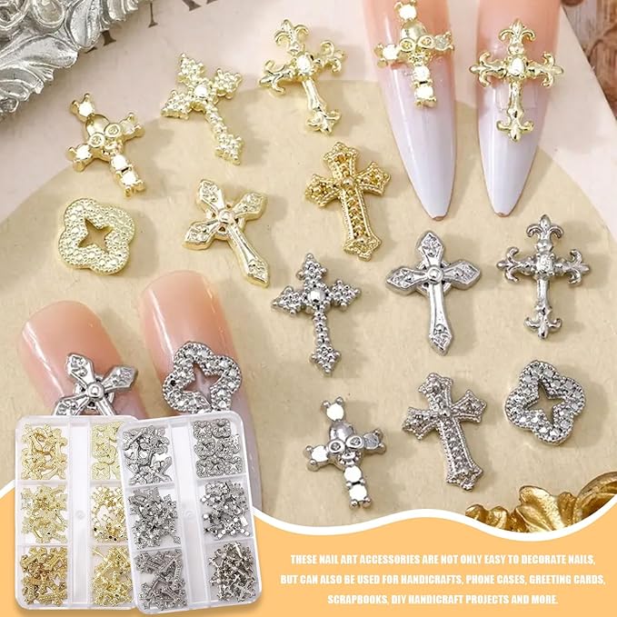 3D Cross Nail Charms for Nail Art, 60 Pcs Metal Crystal Cross Nail Decorations, Alloy Nail Studs and Rhinestones for Women Girl DIY Jewelry Crafts Supplies (Silber B)
