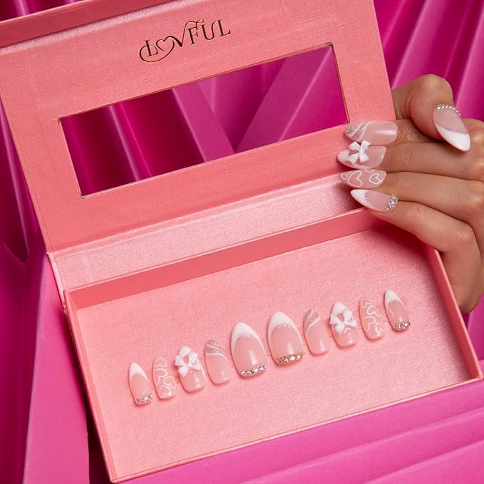 LOVFUL Press on Nails Silver Blanc | Handmade with Full Covered Crystals | Reusable Fake Nails | Almond Regular 1.0 in | H309-L