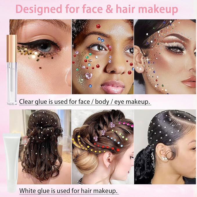 Hair Face Gems Rhinestones with Makeup Glue, Flat Back Colorful Jewels Crystal Half Round Pearl Gold Holographic Glitters Sequins Kit, Wax Pencil Tweezer and Brush For Face Eye Hair Body Makeup