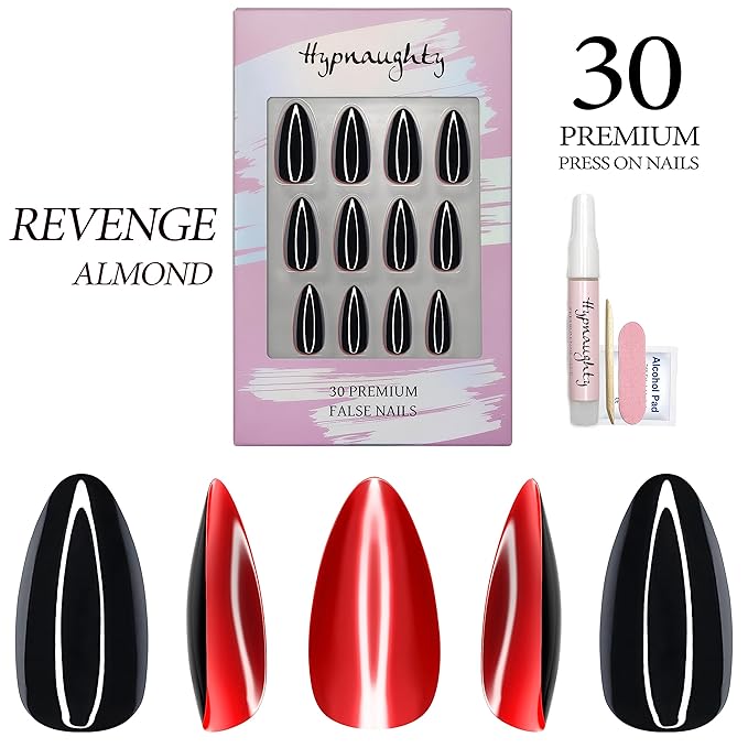 Hypnaughty 30 Pcs Revenge Almond Black Glossy Press On Nails With Bright Red Gloss Underneath & Nail Kit With Glue (Revenge Almond)
