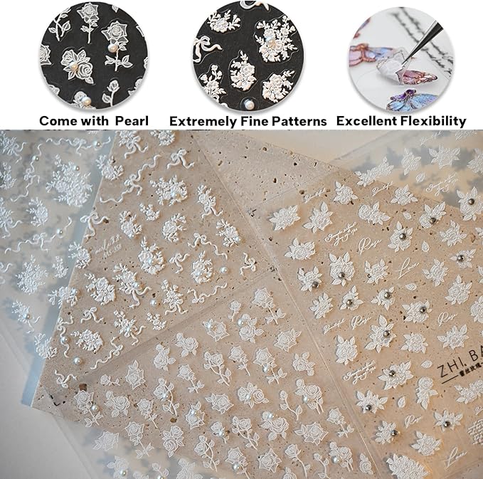 White Rose Flower Nail Art Stickers, Rhinestones Pearl Nail Decals, Self-Adhesive, Nail Accessories for Women, Nail Decorations 3 Sheets