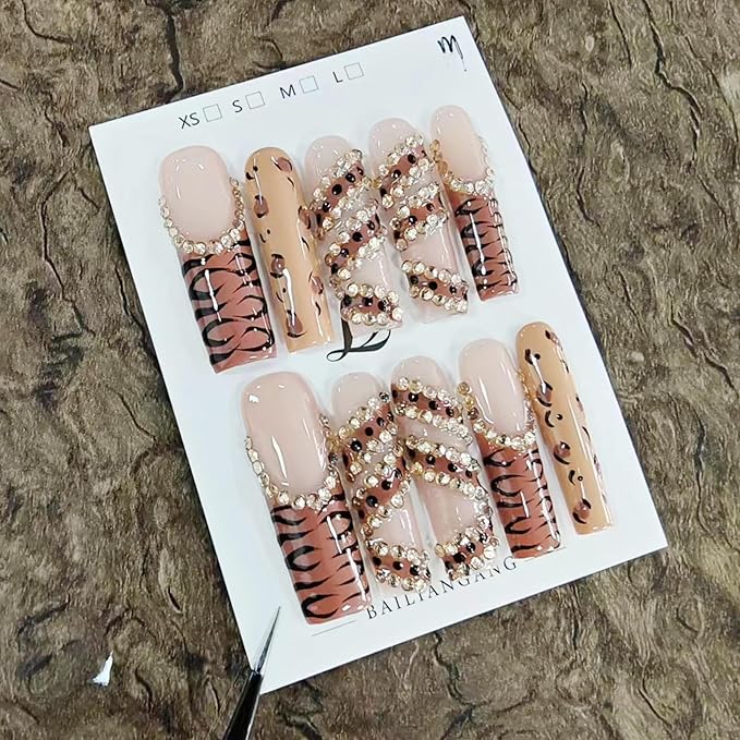 Handmade Press on Nails Extra Long Square Nails Press ons French Tip Leopard Fake Nails with Sparkly Rhinestones Designs False Nails Luxury Full Cove Acrylic Stick on Nail for Women DIY (Size M)