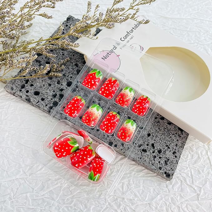 French Tip Press on Nails Short Square Fake Nails with Designs Strawberry Glue on Nails Rhinestone Acrylic Nails Summer Fruit False Nails Glossy Full Cover Stick on Nails for Women
