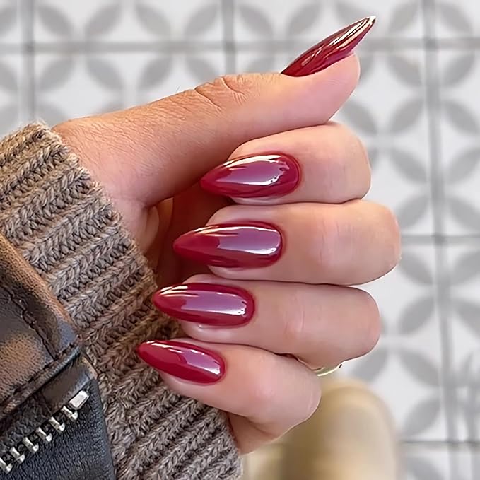 Chrome Press On Nails Almond, Glazed Cherry Red Glue on Nails Medium Press Ons, Acrylic Natural Fit Stick on Nails in 12 Sizes - 24Pcs Fake Nail Kit for Women Daily & Party Wear