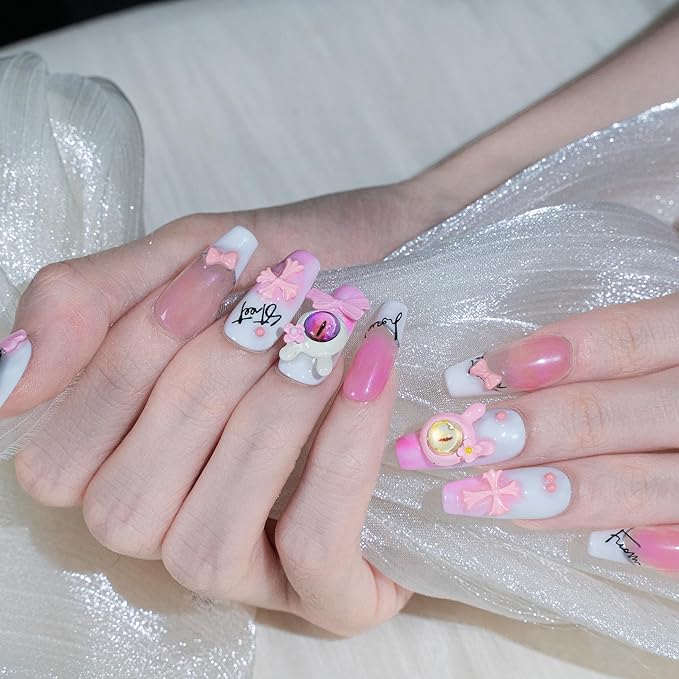 Sun&Beam Nails Handmade Press-on Medium Long Coffin Ballerina Pink Y2K 3D Summer Design Fashion False Nail Tips 10 Pcs Set (#271 S)